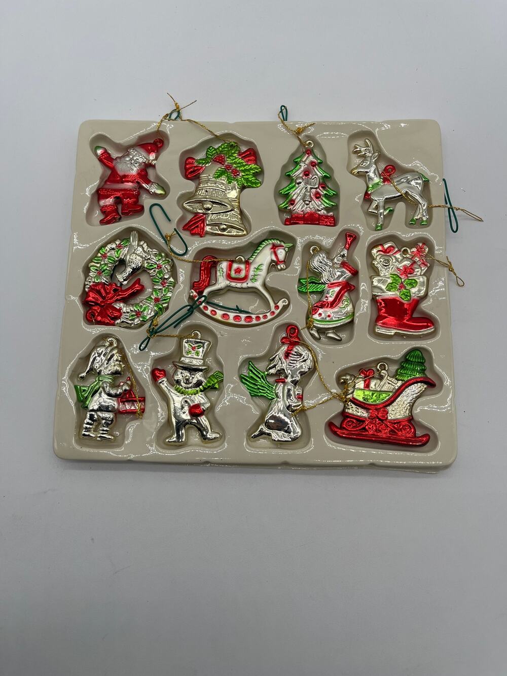 Vintage Christmas House Holiday Silver Foil Metallic Tree Ornaments - 12Pcs